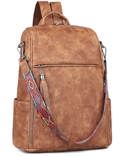 FADEON Leather Laptop Backpack for Women Designer 15.6 inch PU Laptop Bag, Ladies Travel Computer Work Backpack Brown - color: Vintage Amber Brown