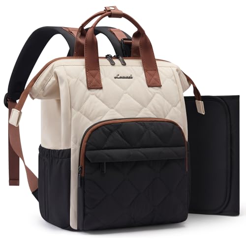 LOVEVOOK Diaper Bag Backpack, Baby Bag for Girl Boy with Changing Pad, Diaper Backpack for Mom Dad with Stroller Buckles - color: Beige-black-brown, size: Large