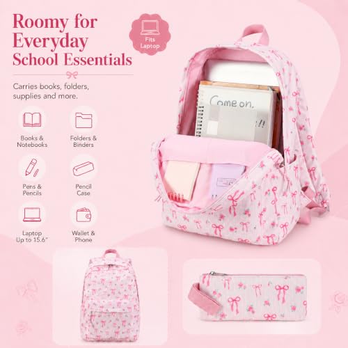 BTOOP School Backpacks for Teen Girls Bookbags Lightweight Kids Backpack School Bags Set with Lunch Box Pencil Case - color: Pink Bow-280