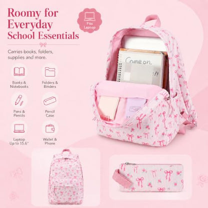 BTOOP School Backpacks for Teen Girls Bookbags Lightweight Kids Backpack School Bags Set with Lunch Box Pencil Case - color: Pink Bow-280