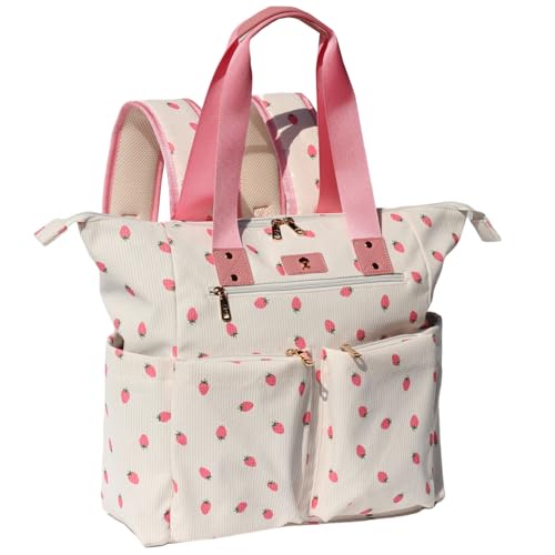ESVAN Diaper Tote Bag Totepack Backpack 2 in 1 for Women Multifunctional Large Capacity with Insulated Pockets Travel | Multifunctional - color: Corduroy Pink Strawberry