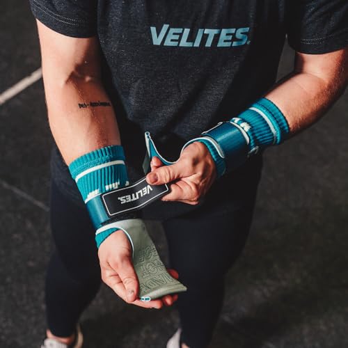 Velites - Official Games Quad Pro Grips - with Chalk - Wristbands Included - Pull-ups, Muscle-ups, and Toes-to-bar - color: LIGHT BLUE, size: X-Large