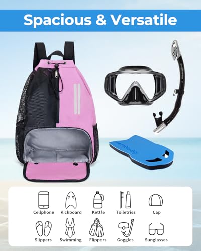 Swim Bag Mesh Drawstring Backpack with Shoe Compartment & Wet Pocket Waterproof Beach Backpack Pool Bag for Swimming, Gym, Travel and Workout Gear (Pink) - color: Pink