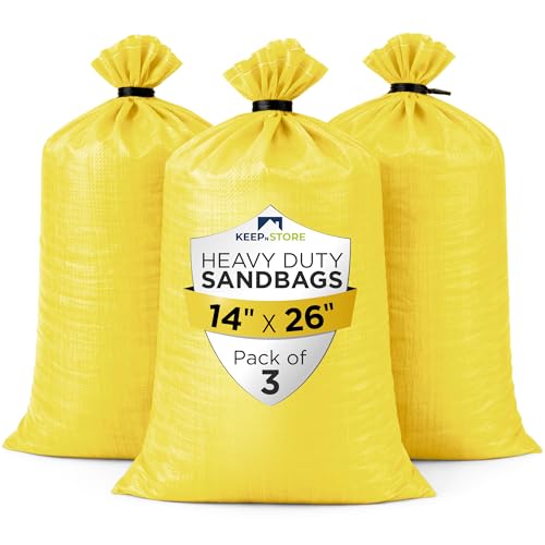 Heavy Duty Sand Bags Pack of 3, Bright Yellow Empty Sandbags with Built-In Ties, Woven Polypropylene UV Protection 1600 Hours, Fillable Bags for Flood Control, Weight, 14x26 inches, 50 Pounds Volume - size: 14"W x 26"L, style: Pack of 3