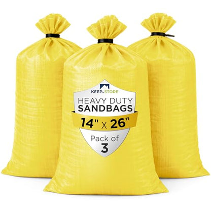 Heavy Duty Sand Bags Pack of 3, Bright Yellow Empty Sandbags with Built-In Ties, Woven Polypropylene UV Protection 1600 Hours, Fillable Bags for Flood Control, Weight, 14x26 inches, 50 Pounds Volume - size: 14"W x 26"L, style: Pack of 3
