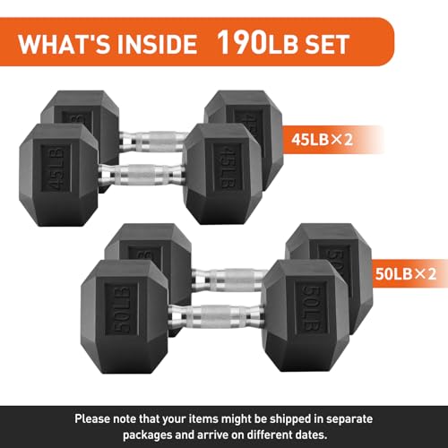Dumbbells Set Rubber Hex Weights for Home Gym Durable Construction Convenient Storage Space Saving Design Complete Weight Set Barbell Coated for Exercise Training - style: 190 lb set