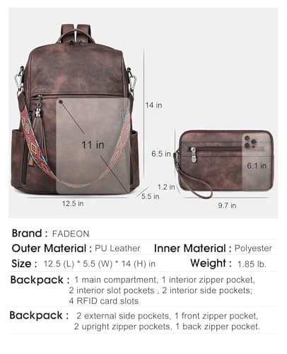 FADEON Leather Backpack Purse for Women Designer Travel Backpack Purses PU Fashion Ladies Shoulder Bag with Tassel - color: 2 Coffee Brown Retro Style