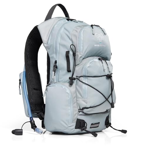 Water Buffalo Hydration Backpack - Sherpa 22L Hiking Backpack with Water Bladder - Water Backpack for Hiking with Waterproof Zippers, Phone & Pole Holders - color: Flint