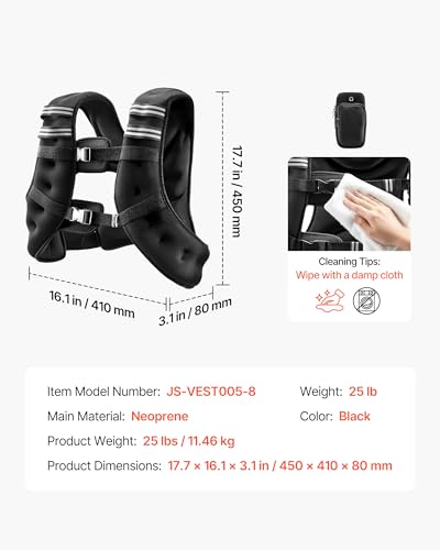 VEVOR Weighted Vest, 6lbs/8lbs/10lbs/25lbs Body Weight Vest for Men Women, with Reflective Stripe, Adjustable Buckle, Workout Equipment for Strength Training, Running, Jogging, Fitness, Muscle Building, Weight Loss - size: 25 lbs