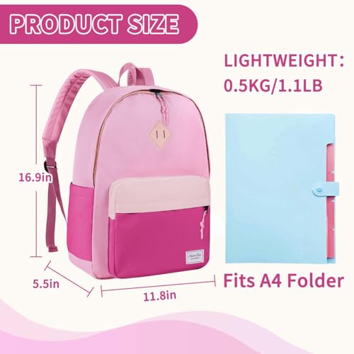 Chase Chic Kids Backpack for Boys - 17 inch School Backpacks for Toddler Girls Fits 6 to 12 Years Old - Lightweight Water Resistant Preschool Bookbag for Travel Daycare (Pink Rose Red) - color: Pink&rose Red