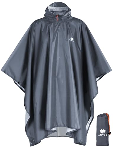 ANYOO Hooded Rain Poncho for Adults Waterproof Lightweight Rain Coat for Men Women Reusable Rain Jacket for Emergency Outdoor - color: X Grey