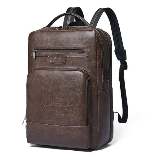 Shrrie Leather Laptop Backpack for Women and Men,28 L Travel Backpack Computer Bag Fits 16 inch Laptop,Expandable Casual Daypack with USB Charging Port for Work Business Weekender College,Coffee - color: Coffee