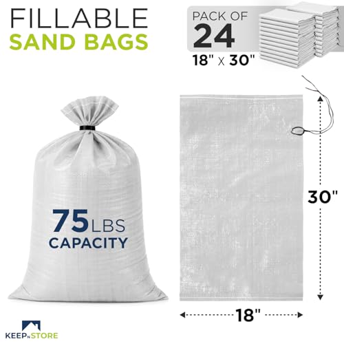 Heavy Duty Sand Bags Pack of 24, White Empty Sandbags with Built-In Ties, Woven Polypropylene UV Protection 1600 Hours, Fillable Bags for Flood Control, Weight, 18x30 inches, 75 Pounds Volume - size: 18"W x 30"L, style: Pack of 24