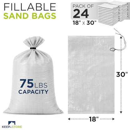 Heavy Duty Sand Bags Pack of 24, White Empty Sandbags with Built-In Ties, Woven Polypropylene UV Protection 1600 Hours, Fillable Bags for Flood Control, Weight, 18x30 inches, 75 Pounds Volume - size: 18"W x 30"L, style: Pack of 24