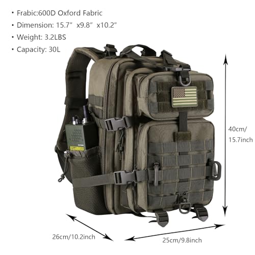 Hannibal Tactical 30L MOLLE Assault Pack, Tactical Backpack Military Army Camping Rucksack with Bottle Holder, 3-Day Pack, Olive Green - color: Olive, size: 30L