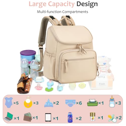 LORADI Lightweight Diaper Bag Backpack, Baby Shower Gifts, Beige | Stroller Clips, Insulated Pockets, Water-resistant, Easy to Clean, Durable - color: Beige