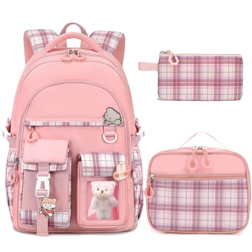 Girls Backpack with Lunch Box Cute School Backpack for Girls Kids Teens Kawaii Bookbag Set for Primary Elementary，Pink - color: Pink