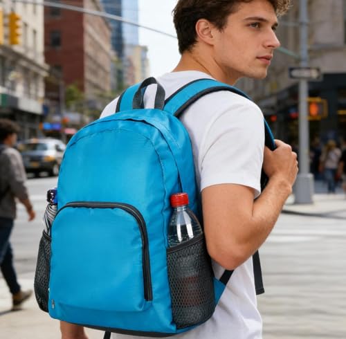 1 Pack Foldable Lightweight Blue Backpack, Unisex Water Resistant Daypack, Durable Large Capacity Rucksack for Hiking Camping Travel Outdoor Use - color: Blue