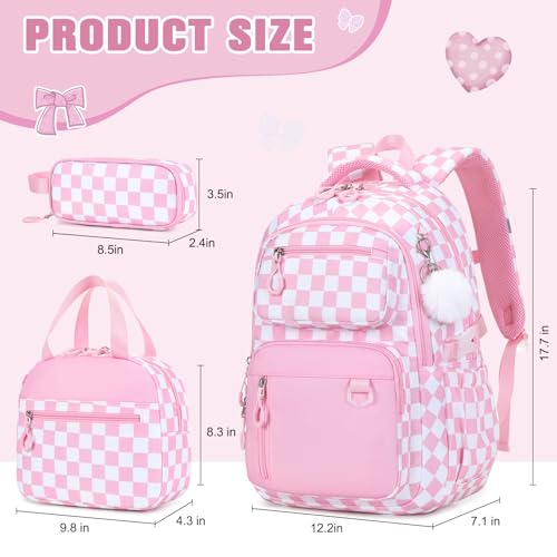 Bevalsa Backpack for Girls 3PCS Teen Girls Pink Backpack for School with Lunch Bag Pencil Case Cute Kids Laptop Backpacks Bookbag for Elementary Middle High School College Student (Checkerboard) - color: Pink Checkerboard