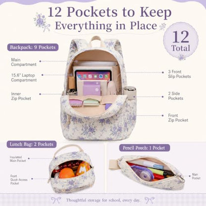 BTOOP School Backpacks for Teen Girls Bookbags Lightweight Kids Backpack School Bags Set with Lunch Box Pencil Case - color: Purple Flroal Bow