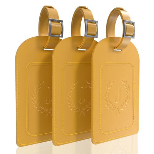 Alphabet Luggage Tags, 3 Pack Yellow Initial Bag Tags with Privacy Cover & Replaceable ID Card, Faux Leather Suitcase Tags for Travel, Flights & Cruises - style: Letter J