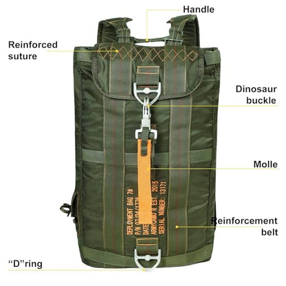 Military Tactical Backpack Parachute Buckles Hook Nylon Rucksacks Flight Backpacks Day Pack for Outdoor,Hiking,Camping (Green) - color: Green