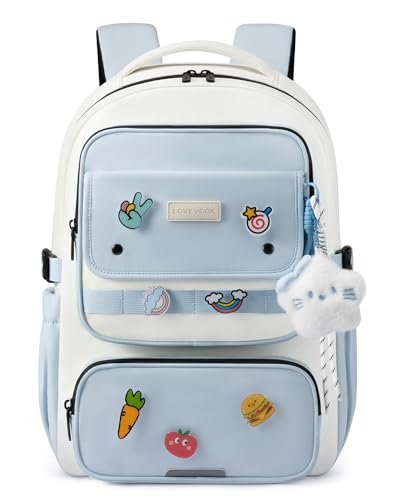 LOVEVOOK School Backpack for Teen Girl, Cute Bookbag with Large Bottle Holder, Lightweight Elementary Middle High School Student Backpack Fits 15.6 Inch Laptop, Back to Schools Kid Gift, Blue-Cream - color: Light Blue - Cream, size: 15.6 Inch