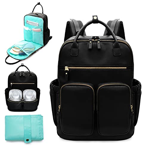 MOMINSIDE Diaper Bag Backpack, Leather Baby Bag with 18 Pockets, Diaper Backpack for Women Mom, Travel Baby Bag for Girl Boy, Large Wet Pocket, 4 Insulated Pockets, Stroller Straps, Black - color: Black