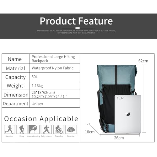 Hiking Backpack,40L to 50L Extra Large Capacity Hiking Bag,Internal Frame Camping Backpack,Upgraded X-PAC Lightweight Sport Daypack Travel Backpack Fit For Mountain Climbing Camping(Grey Green) - color: Grey Green