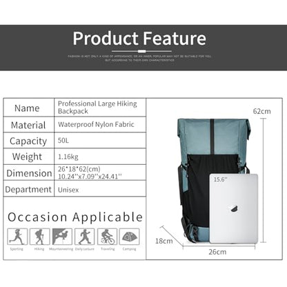 Hiking Backpack,40L to 50L Extra Large Capacity Hiking Bag,Internal Frame Camping Backpack,Upgraded X-PAC Lightweight Sport Daypack Travel Backpack Fit For Mountain Climbing Camping(Grey Green) - color: Grey Green