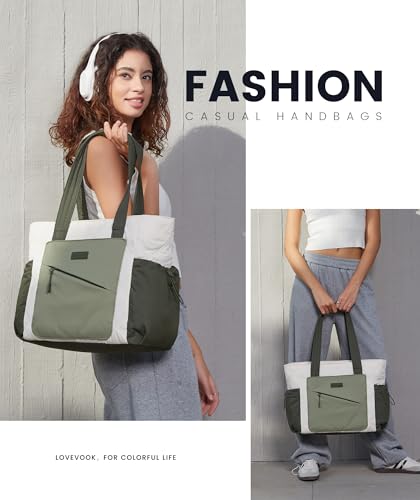 LOVEVOOK Tote Bag for Women, puffer tote bag for Work Travel Nurse, Lightweight quilted Bags with Compartments - color: L-17.3 Inch-cream-green