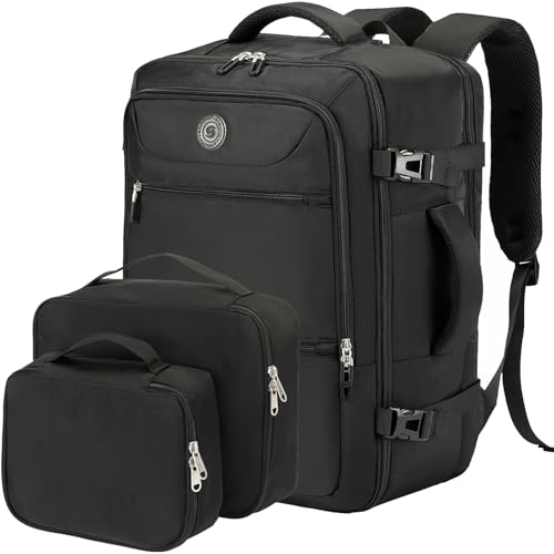 SHRRADOO Travel Backpack for Women & Men,Airline Approved Carry On Luggage,TSA Overnight Bags,40L Personal Item Travel Bag fits 17" Laptop,Carry on Bag with Storage Bag Cosmetic Bag Set 3pcs (Black) - color: Black