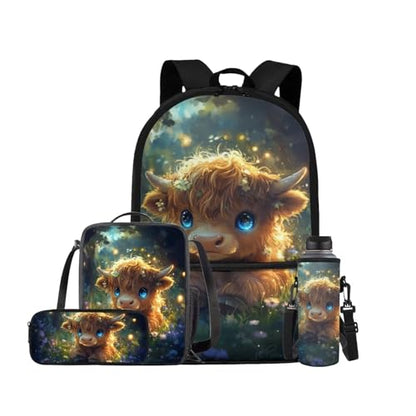 Cute Highland Cow Backpack for Girls Kids Backpack with Lunch Box Water Bottle Carrier and Soft Pencil Case 4PCS Set Cute Bookbag with Front Pocket 17" Large Capacity Elementary School Bag - color: Cute Highland Cow
