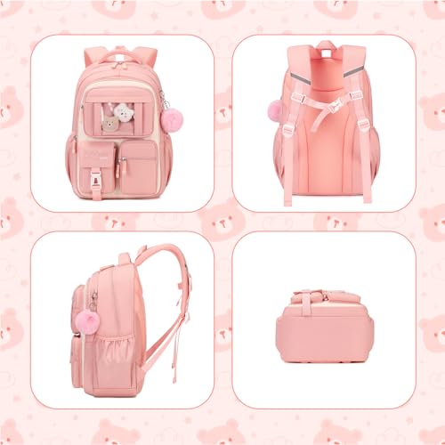 PIG PIG GIRL Kids Backpack for Girls School Bags for Middle School Students Book Bag for Elementary Primary Kawaii Ita Backpack, Pink and Beige - color: Pink and Beige