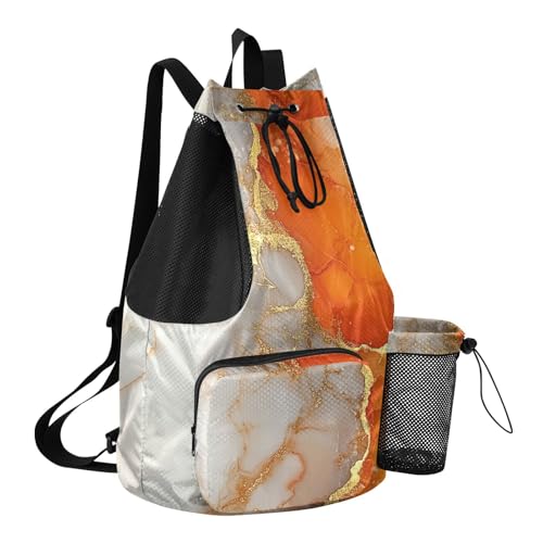 Drawstring Gym Bags For Men Women Camp Bag With Water Bottle Pocket String Backpack Bag Wet and Dry Separation Marble White Orange - color: Color 26