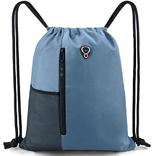 BeeGreen Blue Drawstrings Backpack Gym Sack For Men With Water Bottle Pocket &Front Zippered Pocket Large Sting Bags For WomenTraveling Yoga Beach Outdoor Gym - color: Blue Haze, style: Drawstring With Mesh Pocket