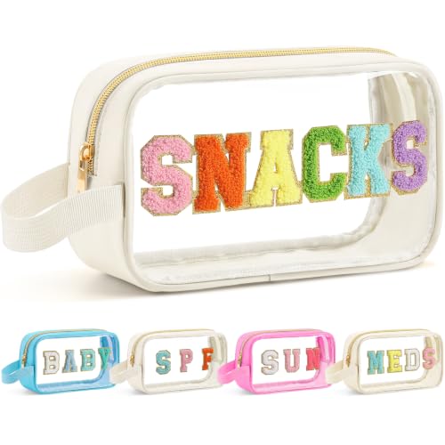 Kacctyen Clear Beach Swim SPF Makeup Bag Preppy Chenille Letter Cosmetics Nylon Toiletry Waterproof Makeup Travel Pouch Snack Bags for Women (White,Snacks) - color: White, style: Snacks