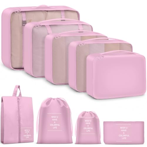 9 Set Packing Cubes for Travel Essentials - Lightweight Carry-On Luggage Organizer Bags with Shoe, Clothes & Laundry Bags for Airplane, Family & Business Travel, Pink - color: Pink