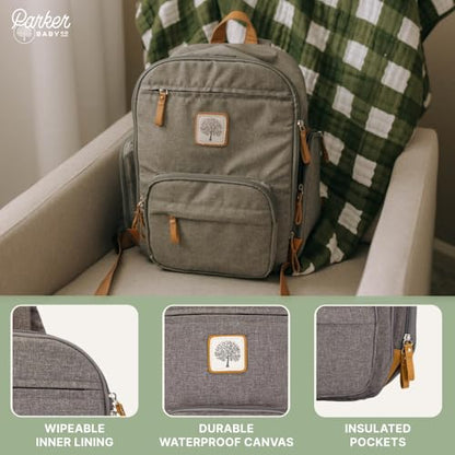 Parker Baby Diaper Backpack - Full Zip Diaper Bag with Insulated Pockets - Gray - color: Gray