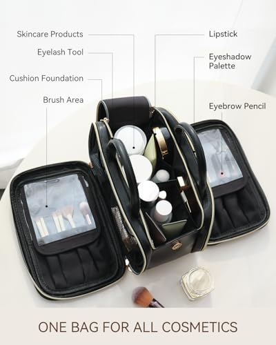 Prite Large Makeup Bag, Waterproof Travel Cosmetic Case with Brush Holder - color: Black, size: Large