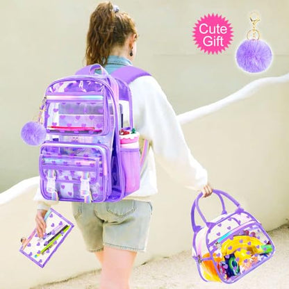 KLFVB 3PCS Transparent Backpack Heavy Duty, Girls See Through School Bag Set, Cute Clear Bookbag for Women - Heart Love Purple - color: Heart Love Purple Clear Backpack