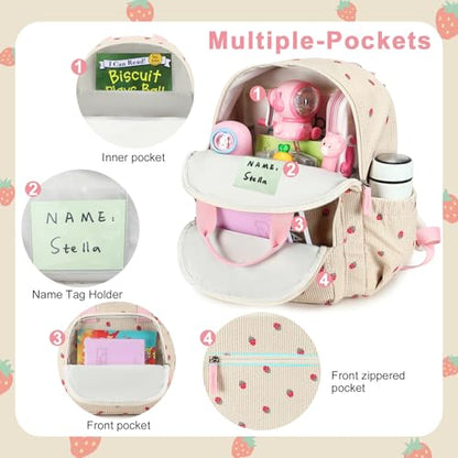 Bluboon Toddler Backpack for Girls Boys 2-4 Cute 12" Preschool Kindergarten Backpacks Kids Daycare Bags School Travel (Strawberry-Beige L, Age 4-8 (15" H Fit A4 Folder)) - color: Strawberry-beige L, size: Age 4-8 (15" H Fit A4 Folder)