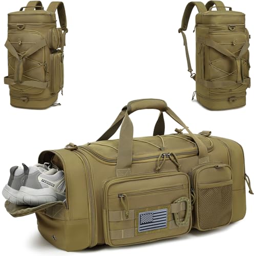 3 in 1 Tactical Travel Duffle Bag Backpack for Men Women 40-45L Expandable Gym Bag & Sport Duffel Bags for Travel with Shoe Compartment & Wet Pocket, Weekend Overnight bag for Caming, Brown - color: Brown