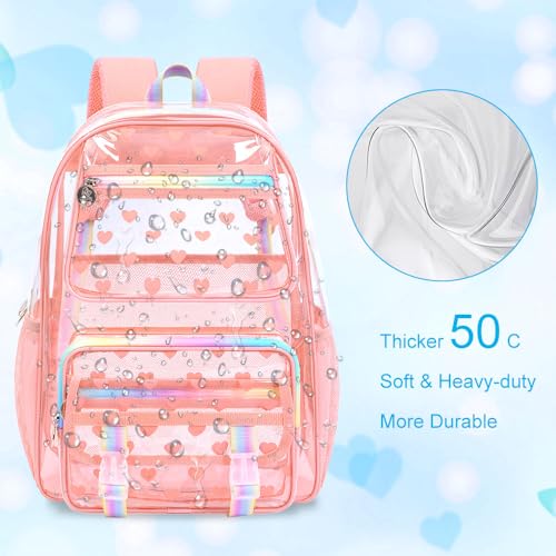 KLFVB 3PCS See Through Backpack Heavy Duty, Girls Clear School Bag Set, Cute Transparent Bookbag for Women - Heart Love Deep Pink - color: Heart Love Deep Pink Clear Backpack