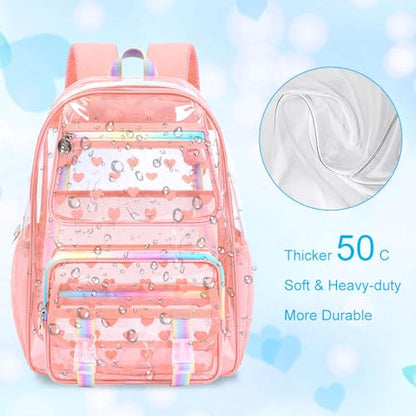 KLFVB 3PCS See Through Backpack Heavy Duty, Girls Clear School Bag Set, Cute Transparent Bookbag for Women - Heart Love Deep Pink - color: Heart Love Deep Pink Clear Backpack