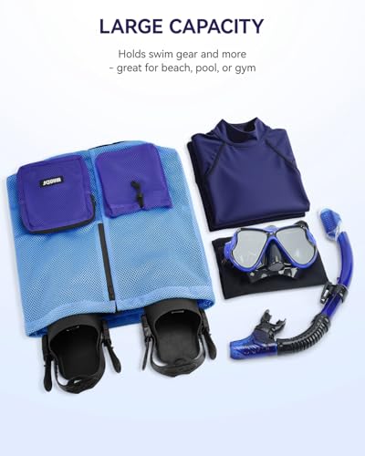 WANDF Swim Bag for Swimmers, Mesh Beach Backpack - color: Blue With 2 Front Pockets, size: Large