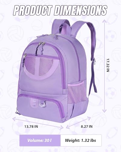 Basketball Bag Backpack for Men Women with Ball & Shoes Compartment 30L Capacity Lightweight Breathable Boys Girls Soccer Ball Bag Backpack Fit Volleyball Football Sports Travel School Gym - color: TK8Purple
