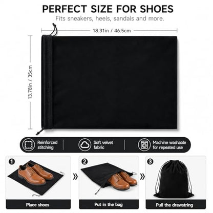 Shoe Bags for Travel, 4 Pack Travel Shoe Bag Organizer, Large Flannel Shoe Bags with Drawstring for Boots, Heels, Handbags & Packing, Washable Reusable Shoe Pouches, Black & Beige