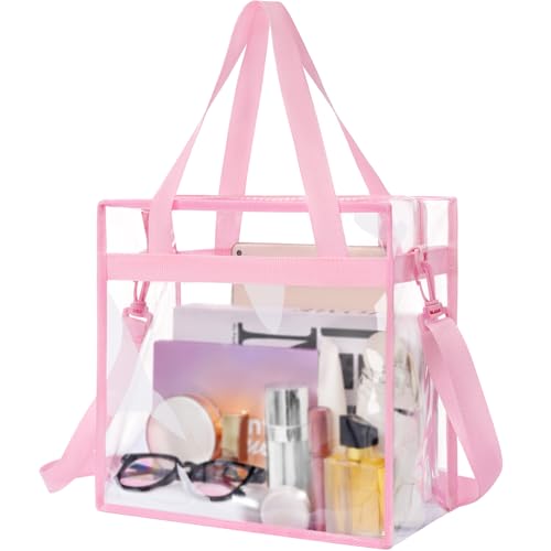 BAGAIL Clear Bags 12x6x12 Stadium Approved Clear Tote Bag with Zipper Closure Crossbody Shoulder Bag with Adjustable Strap - color: Sakura Pink