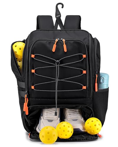 Pickleball Bag Large Sports Pickleball Backpack Fits 4+ Paddles with Wet Shoe Compartment and Fence Hook for Men Women - color: Black+Orange